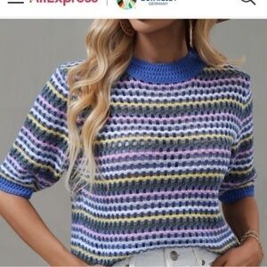 Yellow and Blue Cropped Relaxed Short Sleeve Top